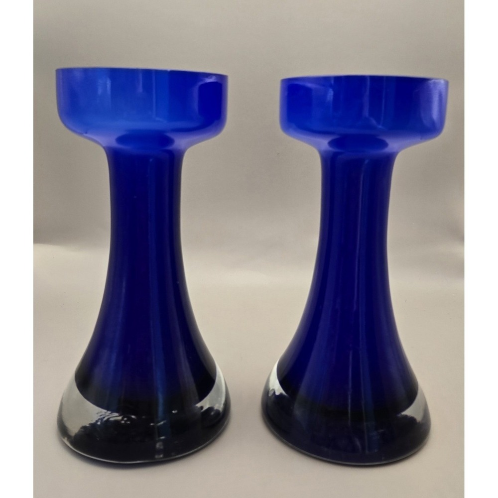 Art Glass Bud Vases Two Heavy MCM Cobalt Blue And White Embossed